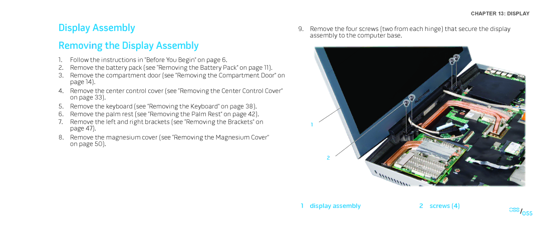 Dell M17X service manual Display Assembly Removing the Display Assembly, Display assembly Screws 