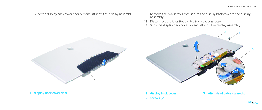 Dell M17X service manual Display back cover door, Display back cover AlienHead cable connector Screws 