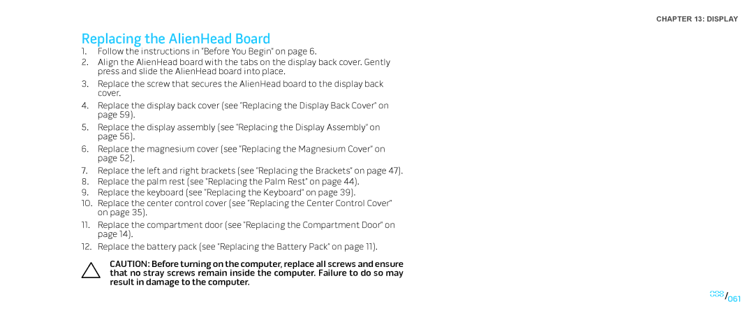 Dell M17X service manual Replacing the AlienHead Board 