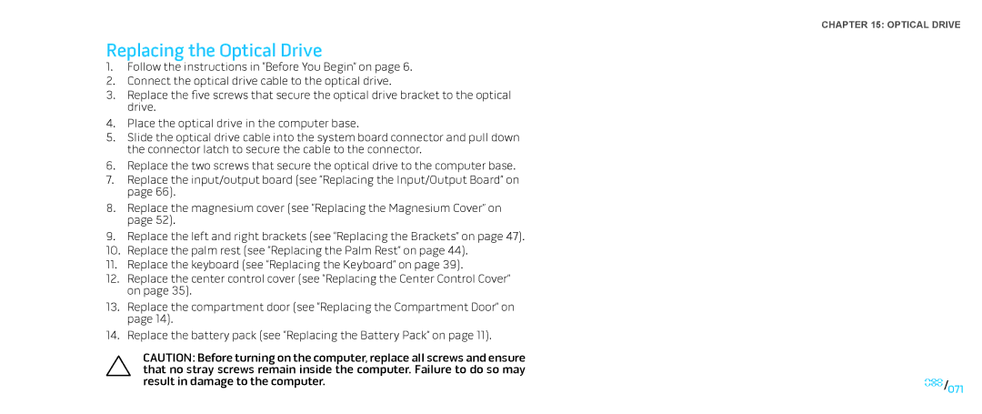 Dell M17X service manual Replacing the Optical Drive 