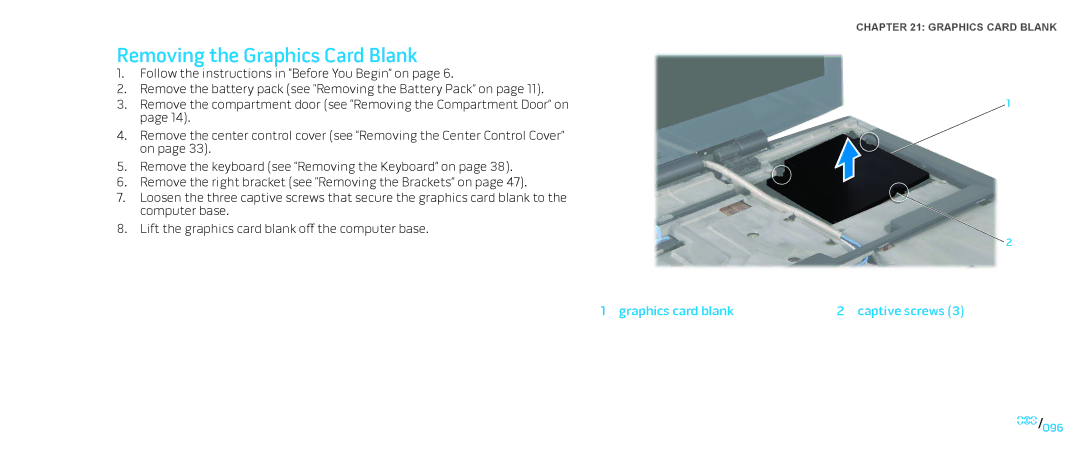 Dell M17X service manual Removing the Graphics Card Blank, Graphics card blank Captive screws 