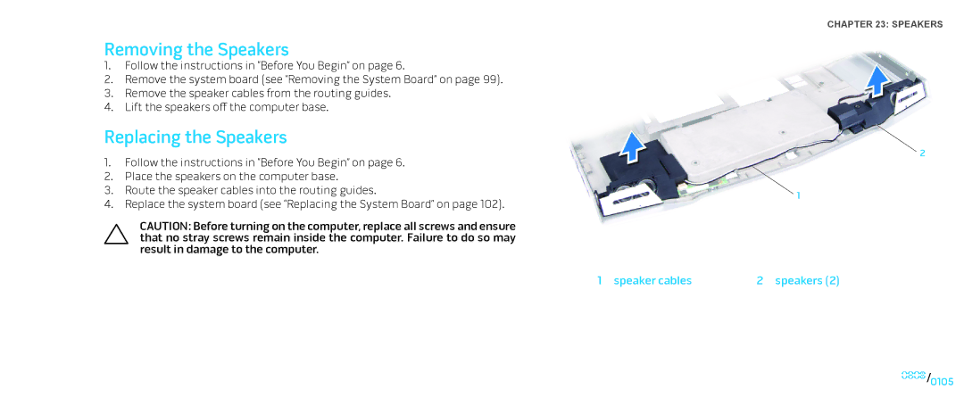 Dell M17X service manual Removing the Speakers, Replacing the Speakers, Speaker cables Speakers 