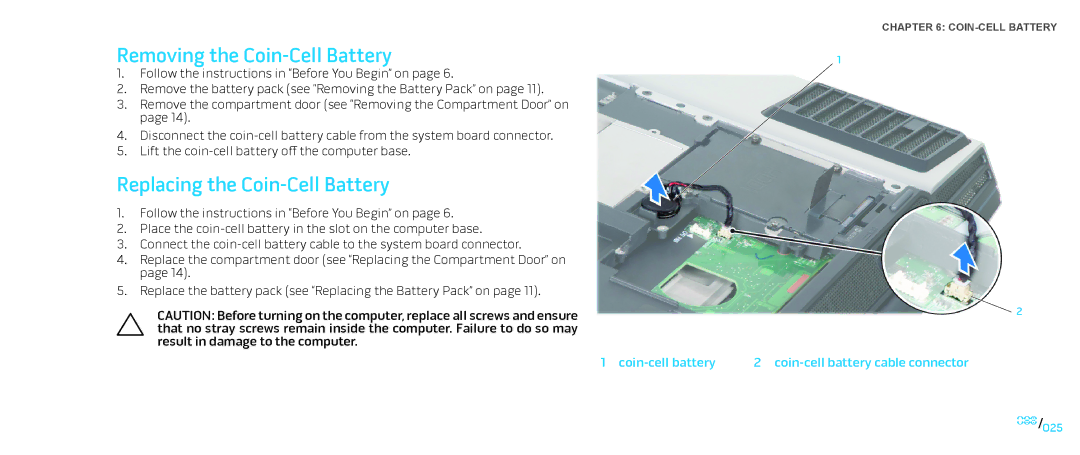 Dell M17X service manual Removing the Coin-Cell Battery, Replacing the Coin-Cell Battery 