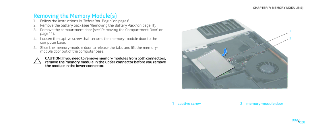 Dell M17X service manual Removing the Memory Modules, Captive screw, Memory-module door 