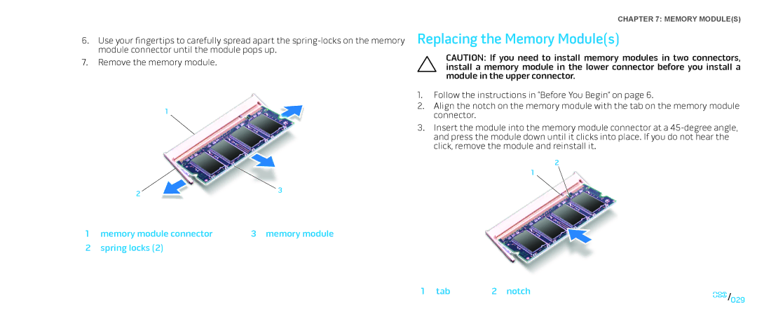 Dell M17X service manual Replacing the Memory Modules, Memory module connector Spring locks Tab Notch 