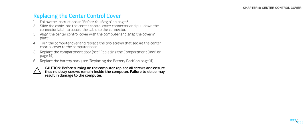 Dell M17X service manual Replacing the Center Control Cover 