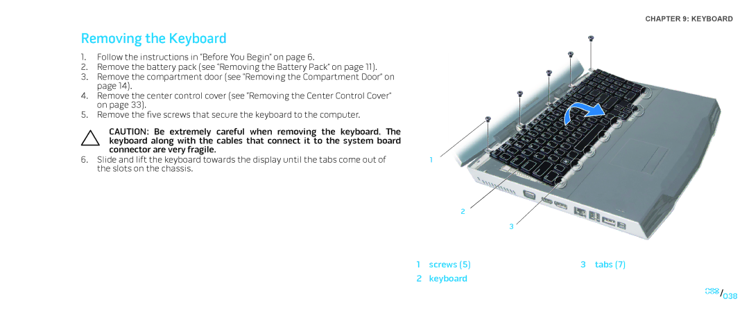 Dell M17X service manual Removing the Keyboard, Screws Tabs Keyboard 