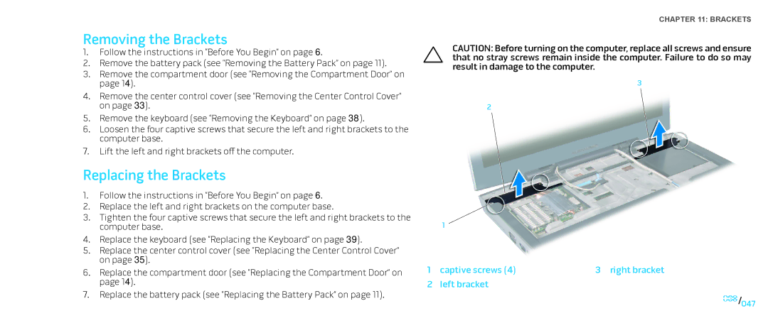 Dell M17X service manual Removing the Brackets, Replacing the Brackets, Captive screws Right bracket Left bracket 