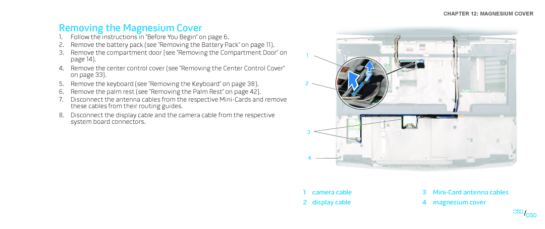 Dell M17X service manual Removing the Magnesium Cover, Camera cable Display cable, Mini-Card antenna cables Magnesium cover 