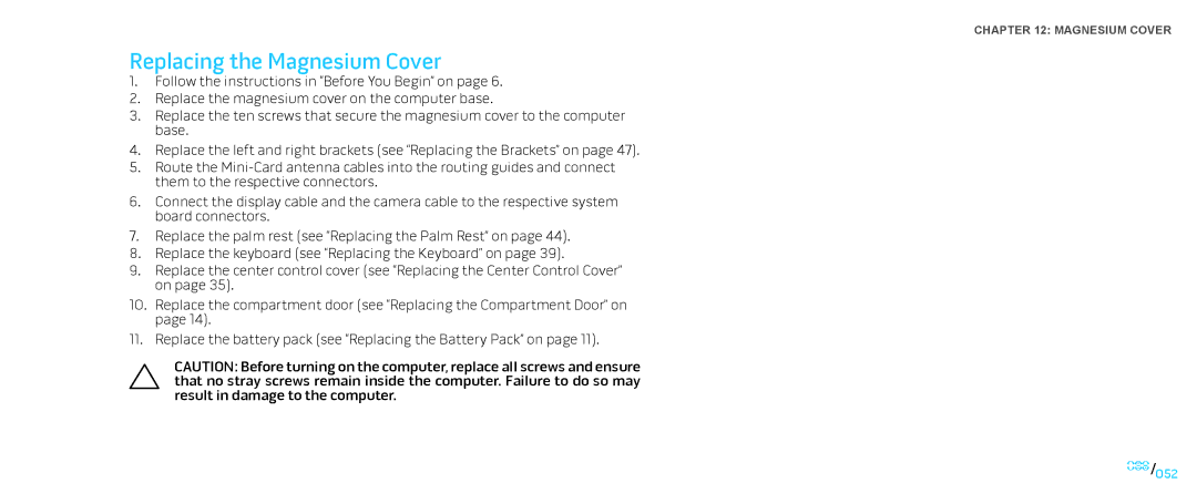 Dell M17X service manual Replacing the Magnesium Cover 