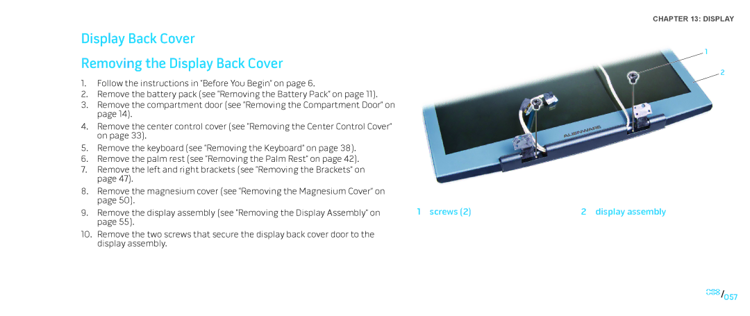 Dell M17X service manual Display Back Cover Removing the Display Back Cover, Screws Display assembly 