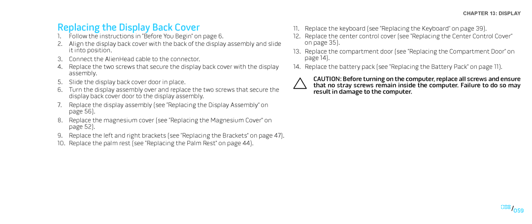 Dell M17X service manual Replacing the Display Back Cover 