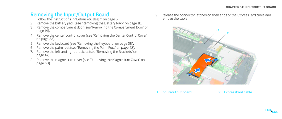 Dell M17X service manual Removing the Input/Output Board, Input/output board ExpressCard cable 