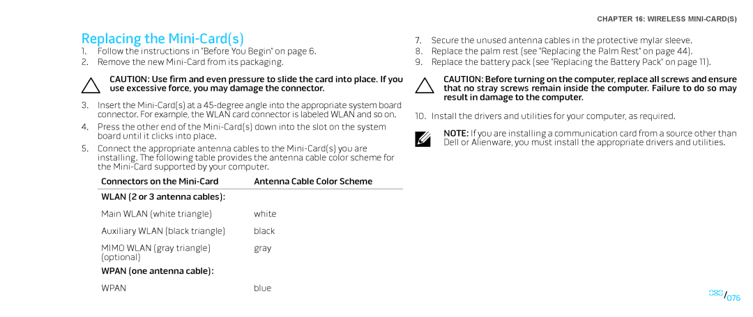 Dell M17X service manual Replacing the Mini-Cards, Wpan 