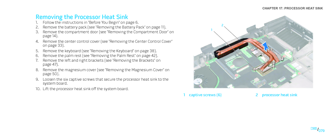 Dell M17X service manual Removing the Processor Heat Sink, Captive screws Processor heat sink 