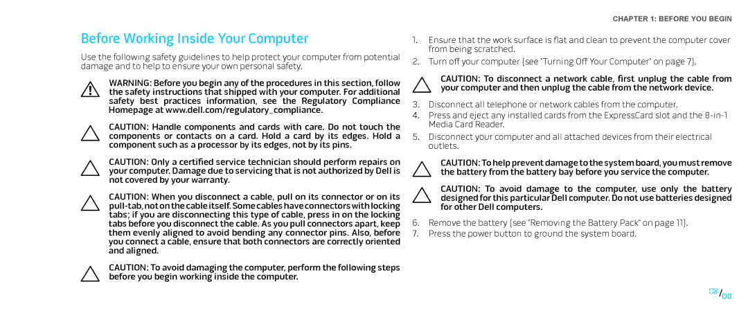 Dell M17X service manual Before Working Inside Your Computer 