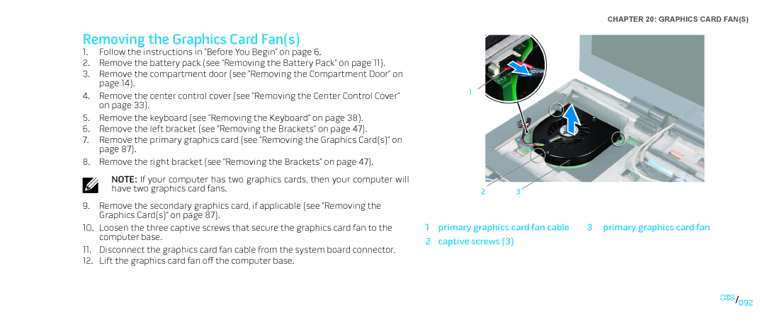 Dell M17X service manual Removing the Graphics Card Fans, Primary graphics card fan cable Captive screws 