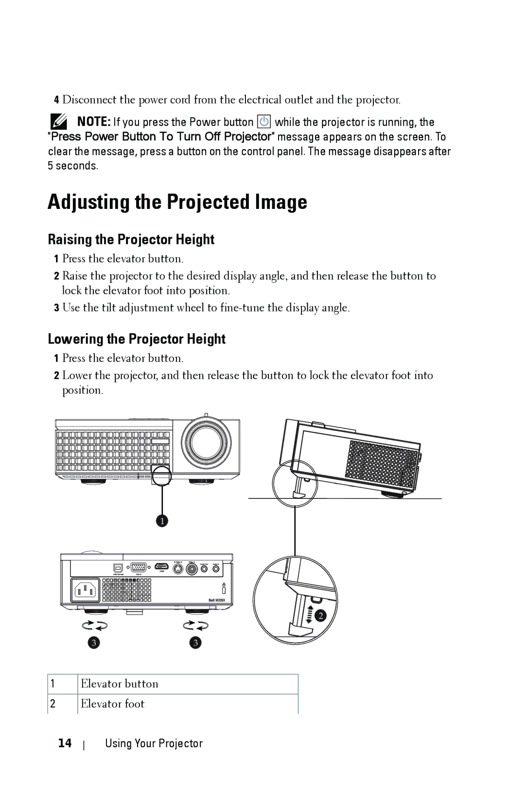 Dell M209X manual Adjusting the Projected Image, Raising the Projector Height, Lowering the Projector Height 