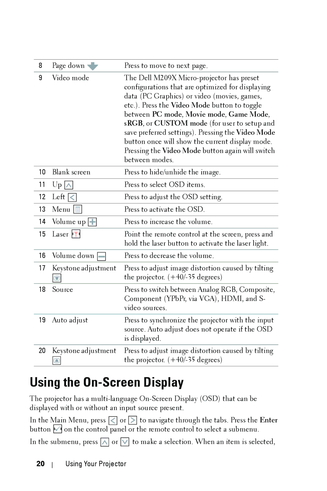 Dell M209X manual Using the On-Screen Display, Between PC mode , Movie mode , Game Mode 