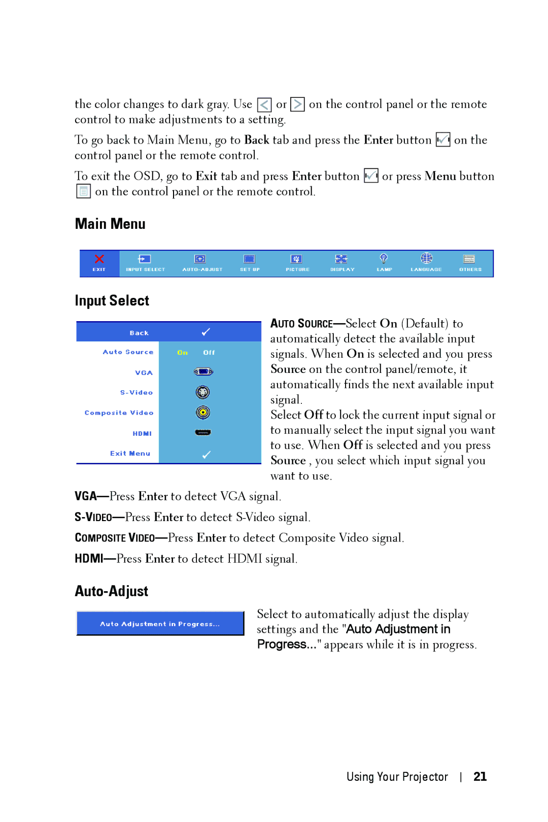 Dell M209X manual Main Menu Input Select, Auto-Adjust 