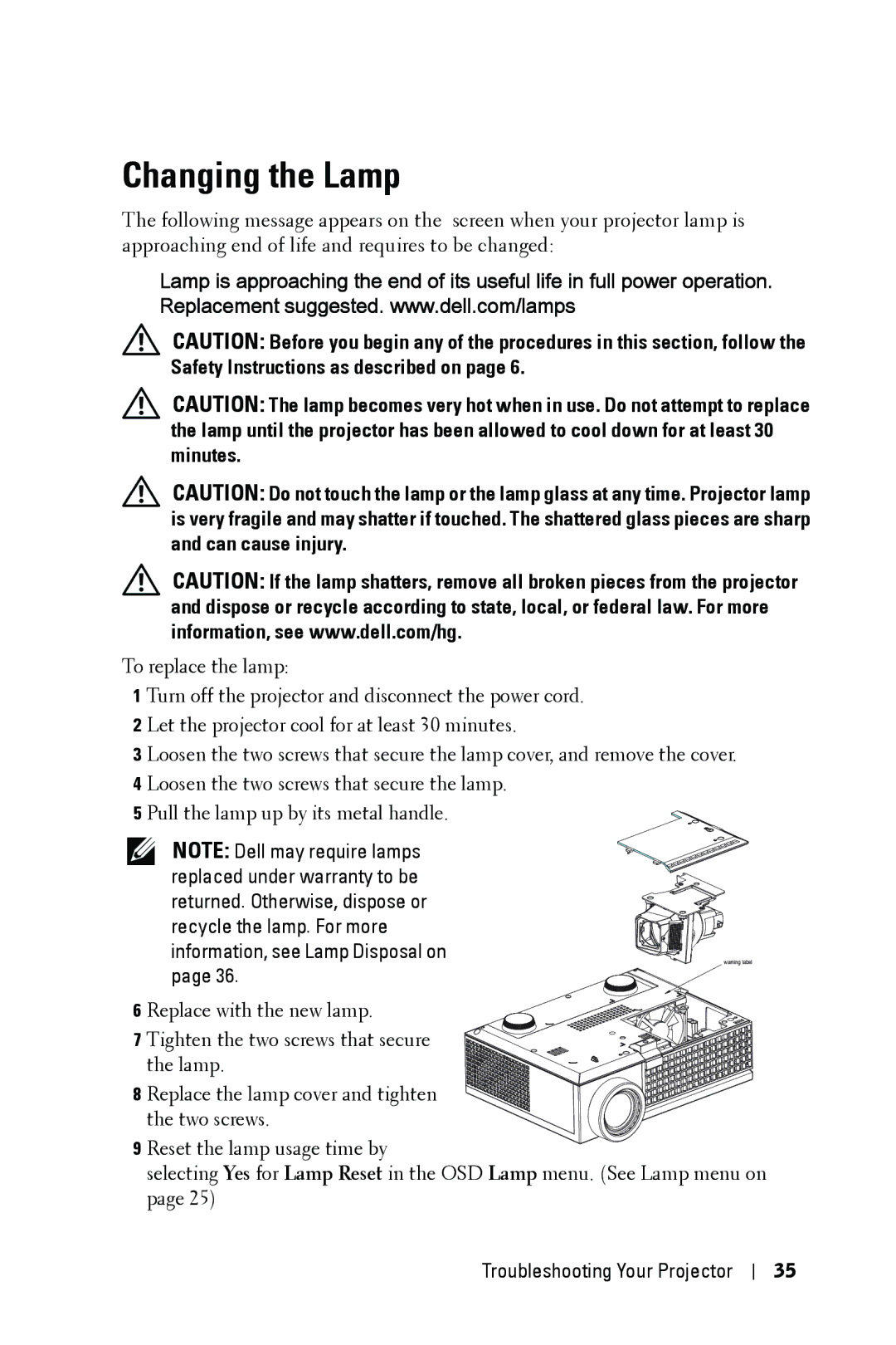 Dell M209X manual Changing the Lamp 