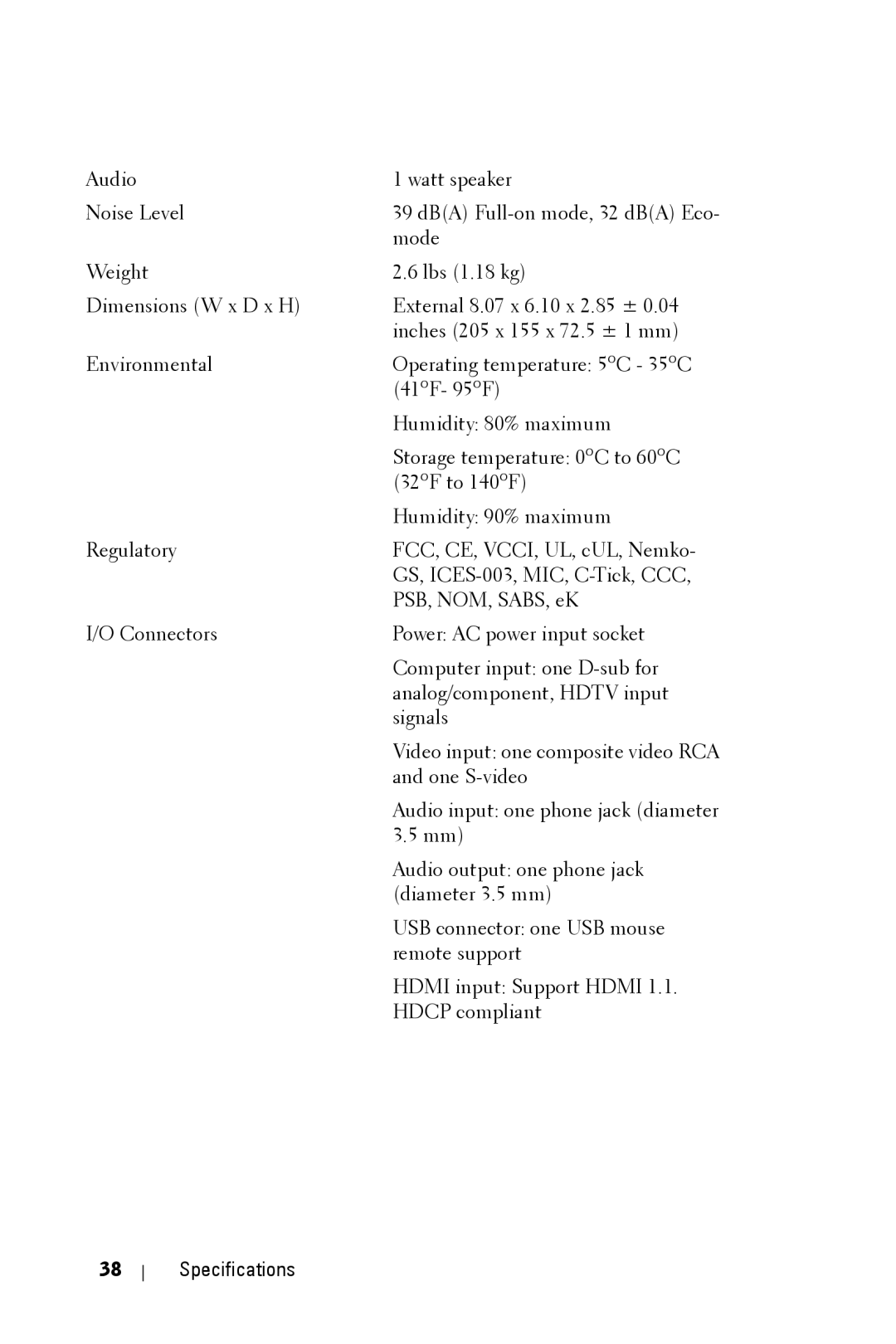 Dell M209X manual Specifications 