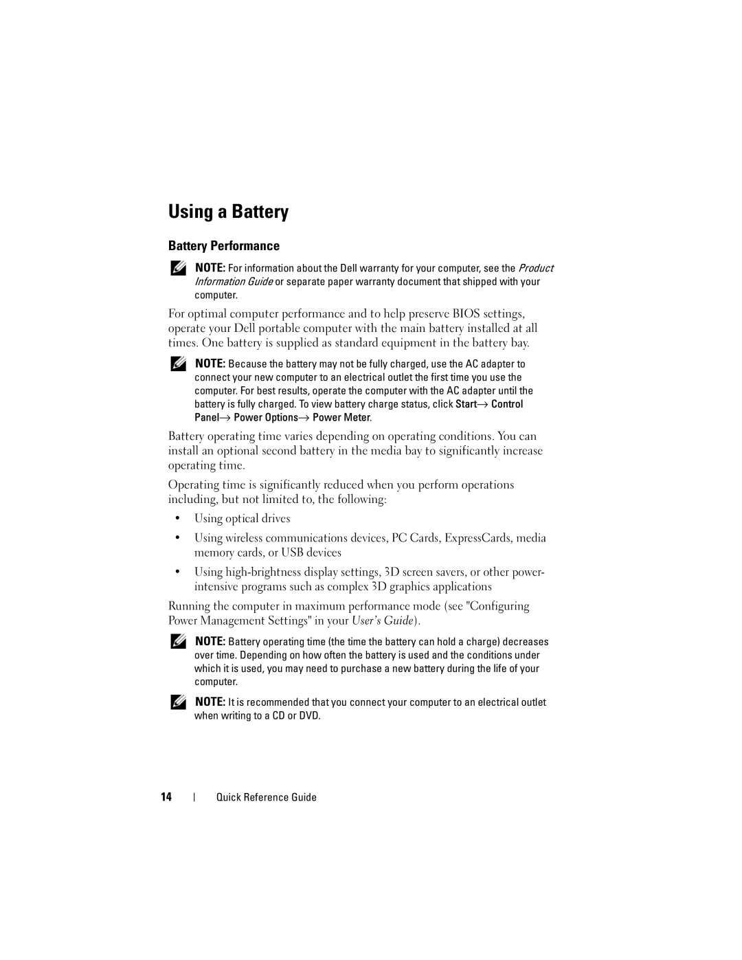 Dell M2300, YU151 manual Using a Battery, Battery Performance 