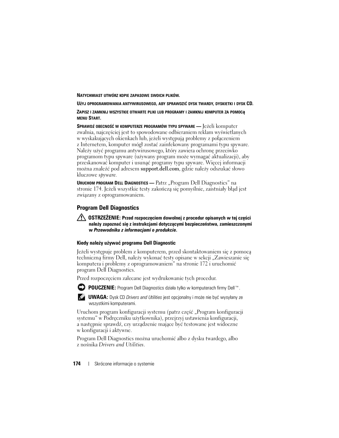 Dell M2300, YU151 manual Program Dell Diagnostics, Kiedy należy używać programu Dell Diagnostic, 174 