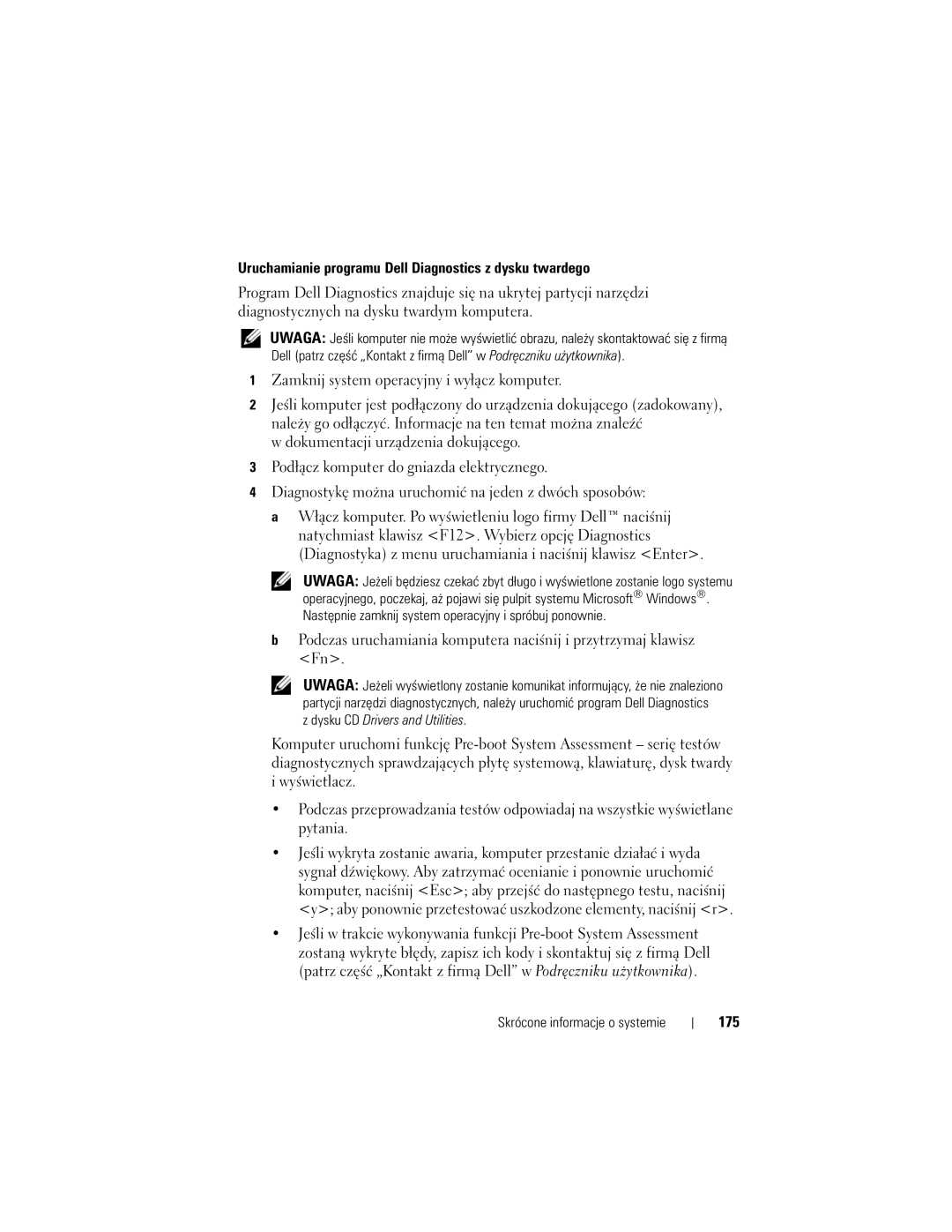 Dell YU151, M2300 manual Uruchamianie programu Dell Diagnostics z dysku twardego, 175 