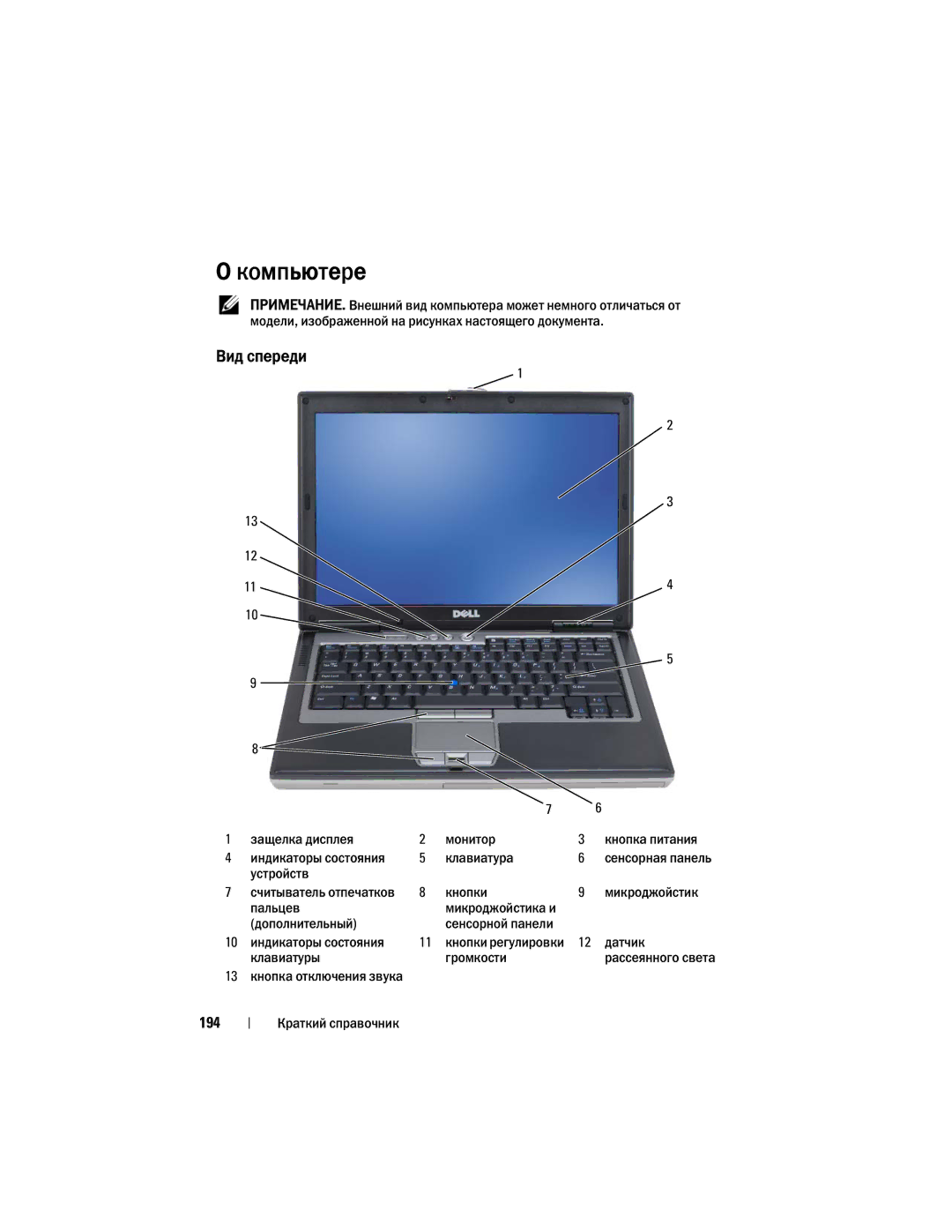 Dell M2300, YU151 manual Компьютере, Вид спереди, 194 