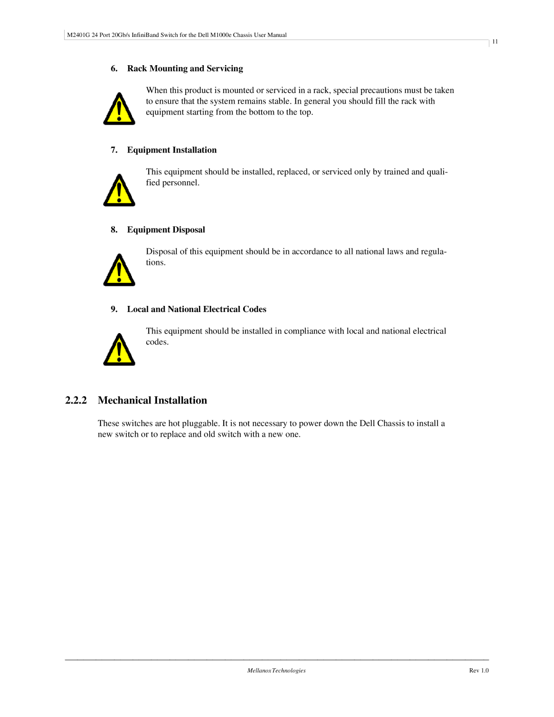 Dell M2401G user manual Mechanical Installation, Rack Mounting and Servicing, Equipment Installation, Equipment Disposal 