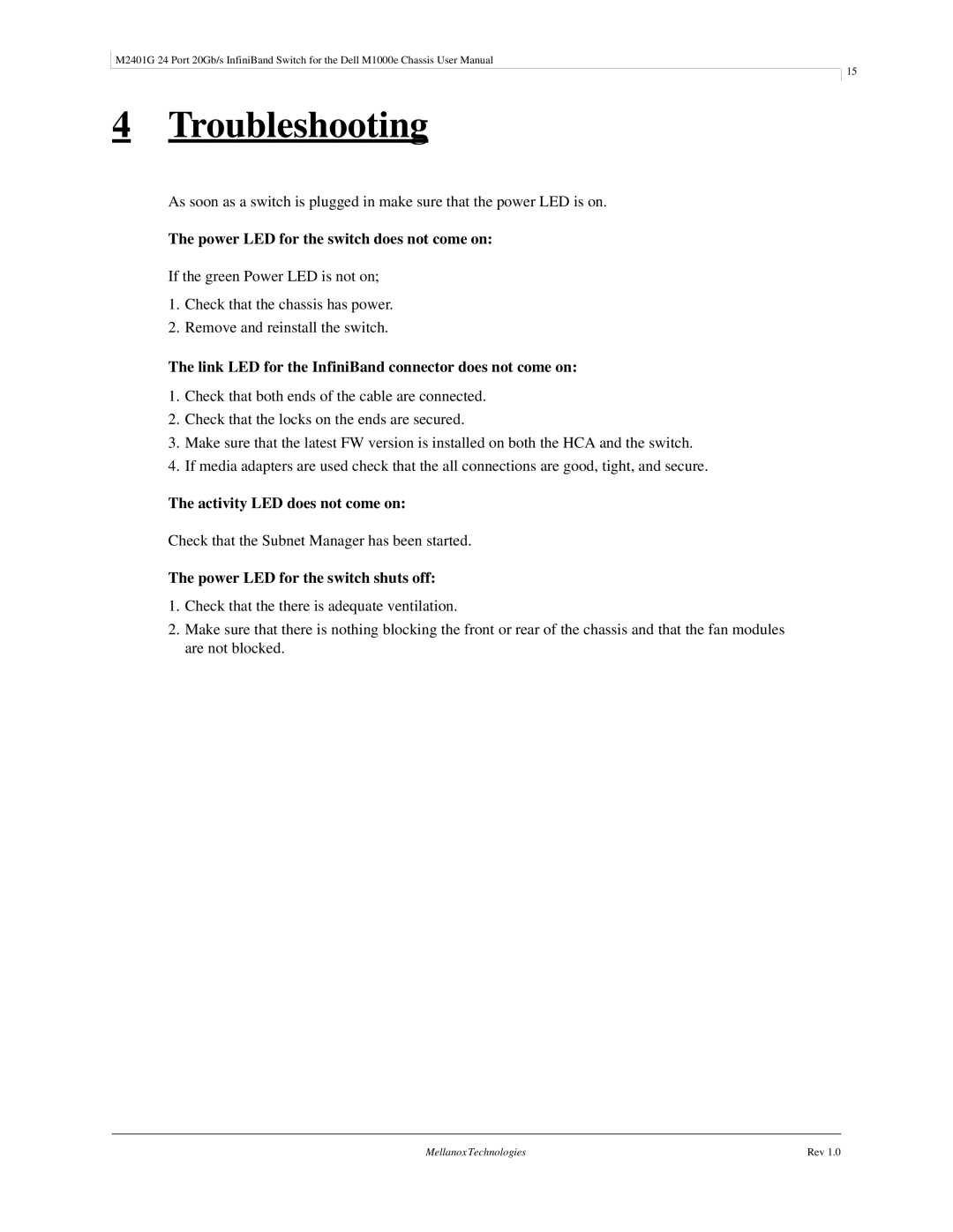 Dell M2401G user manual Troubleshooting, Power LED for the switch does not come on, Activity LED does not come on 