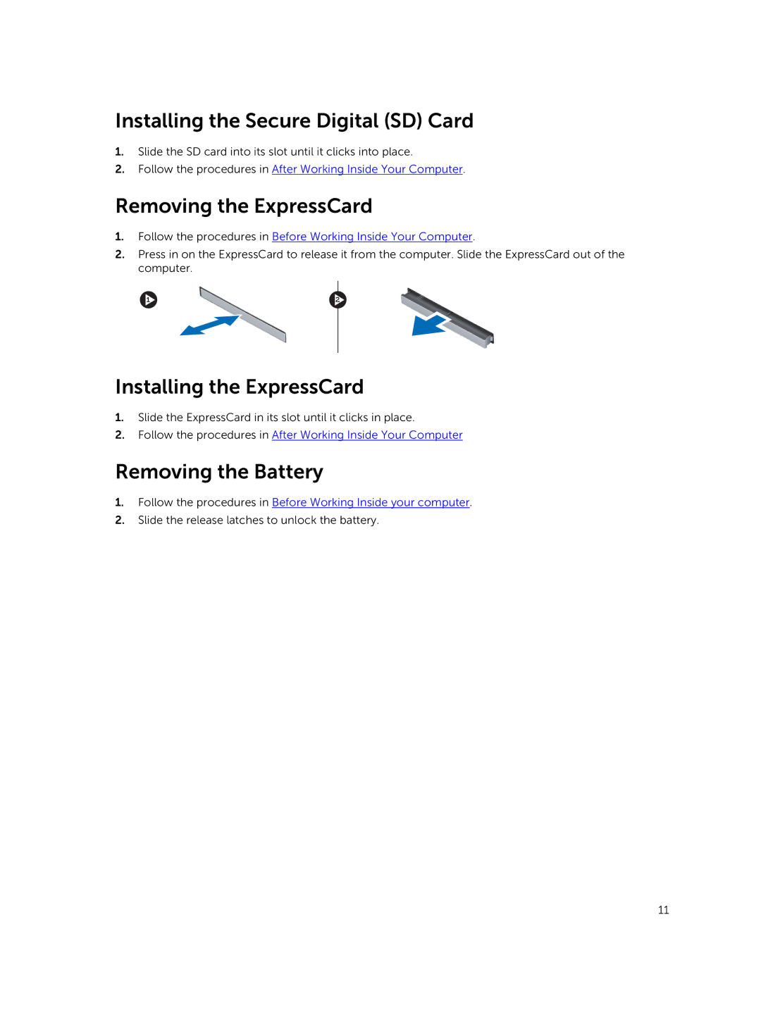 Dell M2800 owner manual Installing the Secure Digital SD Card, Removing the ExpressCard, Installing the ExpressCard 