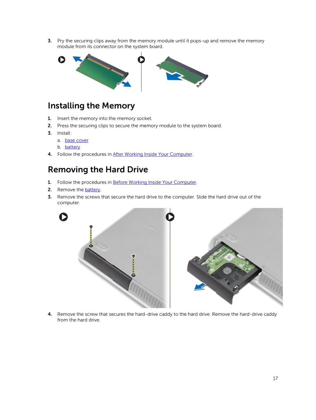 Dell M2800 owner manual Installing the Memory, Removing the Hard Drive 