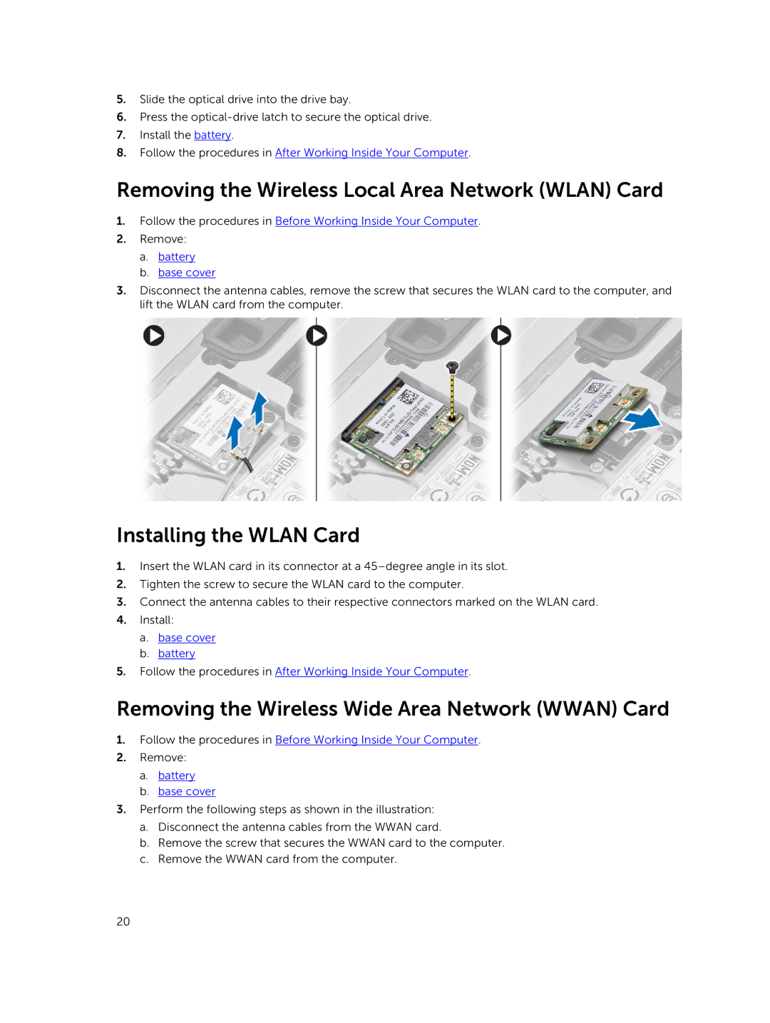 Dell M2800 owner manual Removing the Wireless Local Area Network Wlan Card, Installing the Wlan Card 