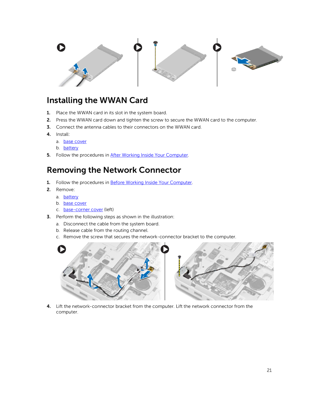 Dell M2800 owner manual Installing the Wwan Card, Removing the Network Connector, Battery Base cover Base-corner cover left 