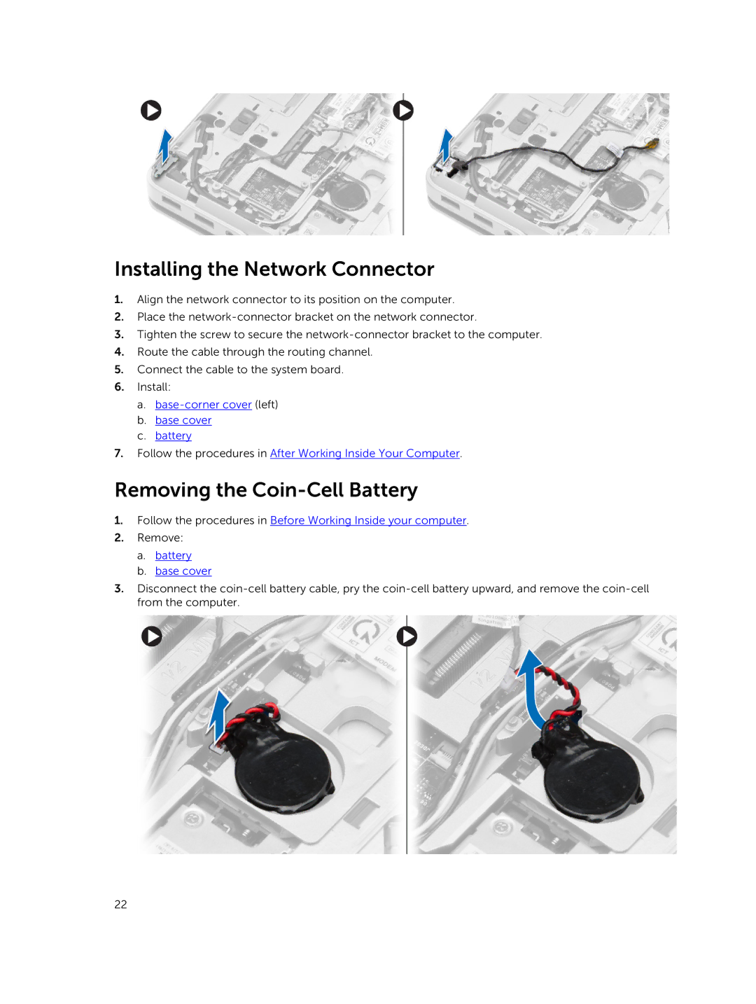 Dell M2800 owner manual Installing the Network Connector, Removing the Coin-Cell Battery 