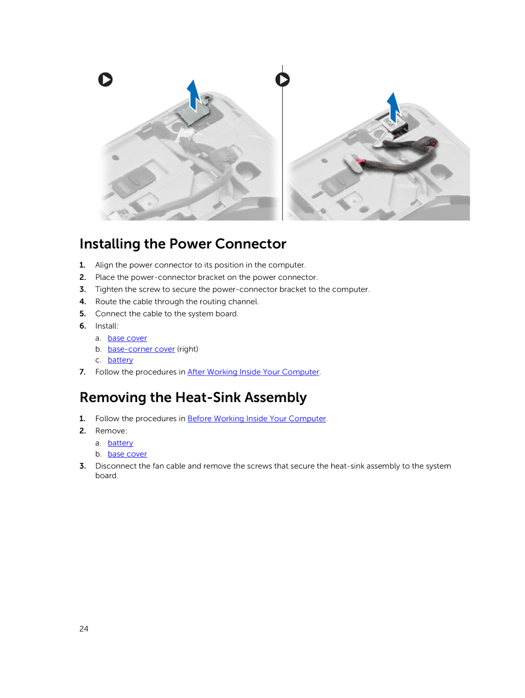 Dell M2800 owner manual Installing the Power Connector, Removing the Heat-Sink Assembly 