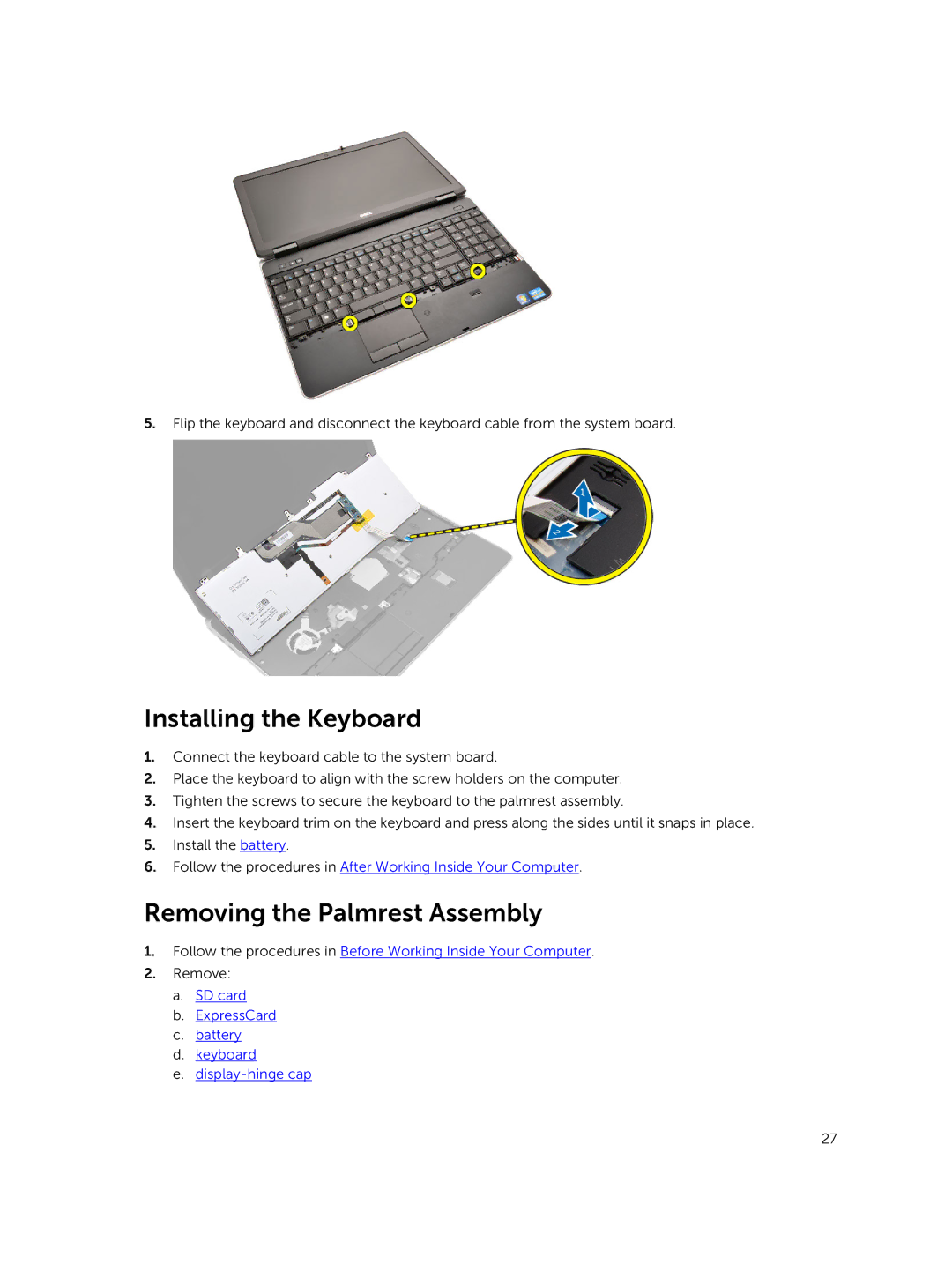 Dell M2800 Installing the Keyboard, Removing the Palmrest Assembly, SD card ExpressCard Battery Keyboard Display-hinge cap 