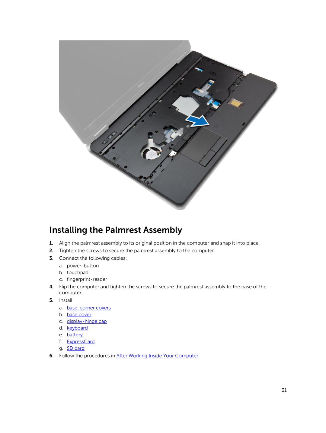 Dell M2800 owner manual Installing the Palmrest Assembly 