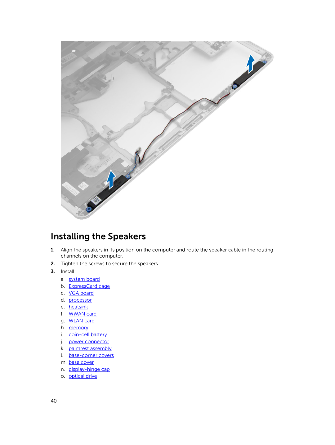 Dell M2800 owner manual Installing the Speakers 