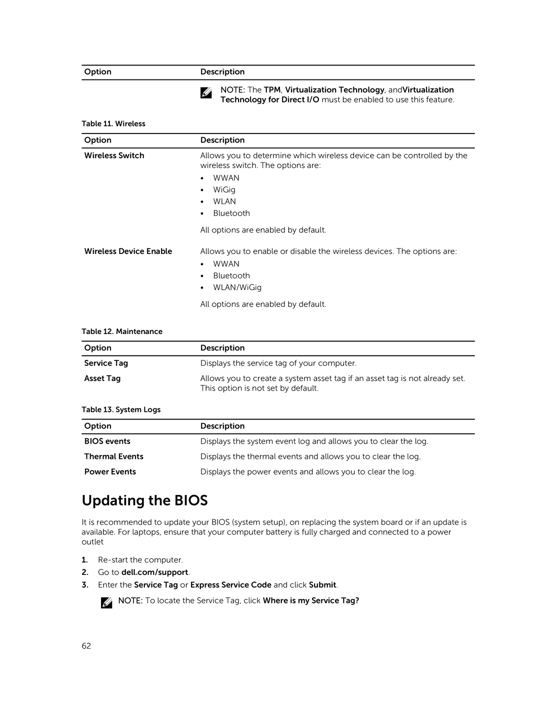 Dell M2800 owner manual Updating the Bios, Wlan 