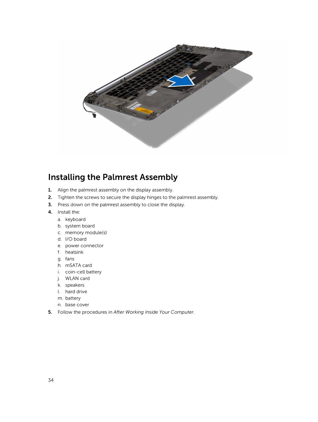 Dell M3800 owner manual Installing the Palmrest Assembly 