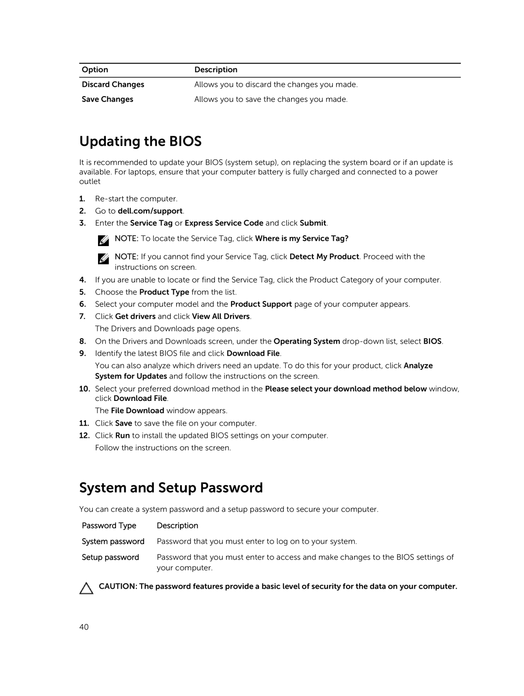 Dell M3800 owner manual Updating the Bios, System and Setup Password 