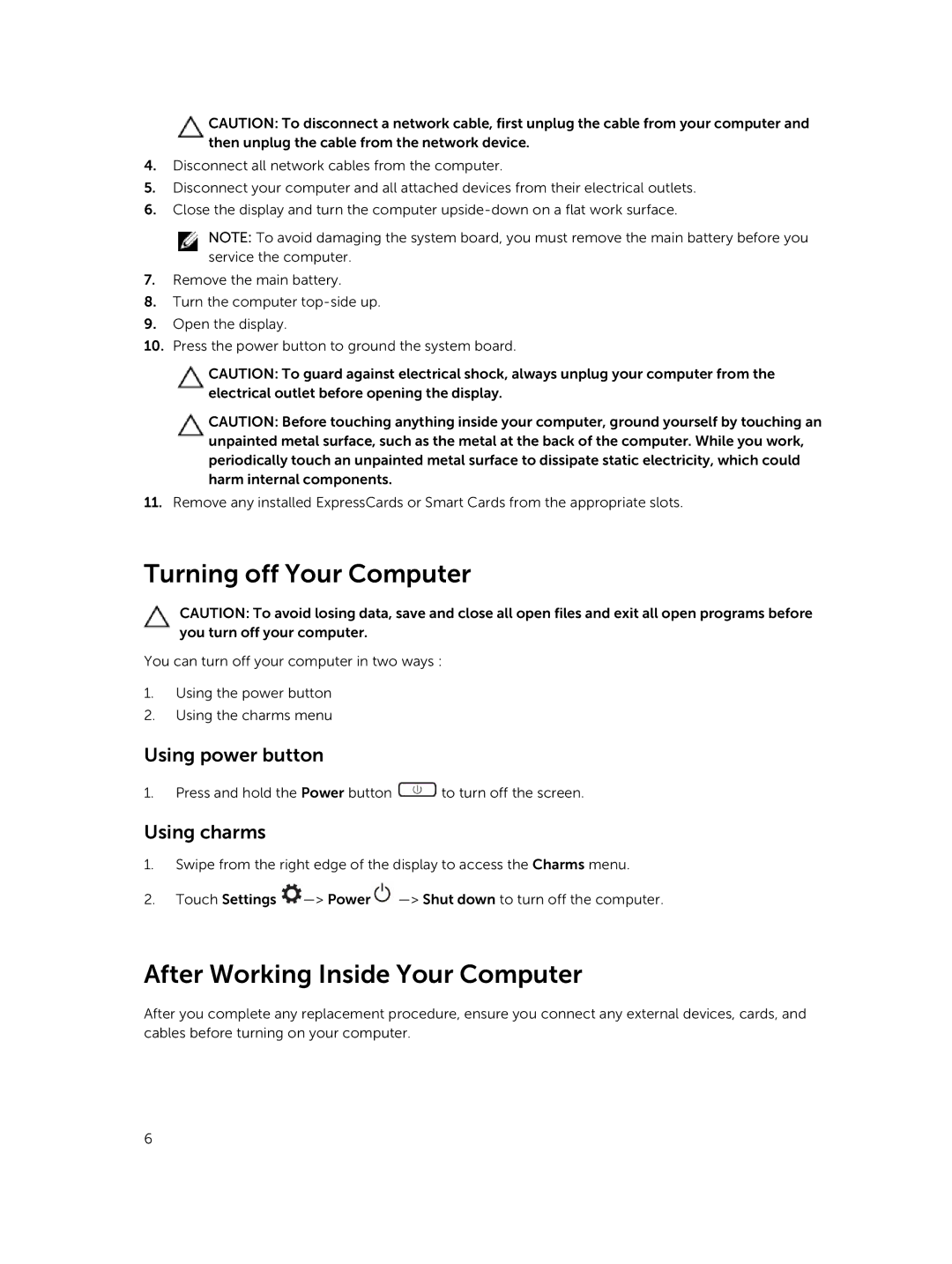 Dell M3800 owner manual Turning off Your Computer, After Working Inside Your Computer 