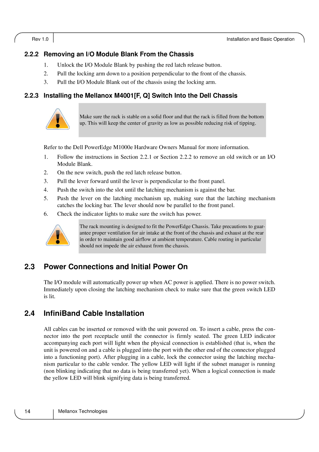 Dell M4001F, M4001Q user manual Power Connections and Initial Power On, InfiniBand Cable Installation 