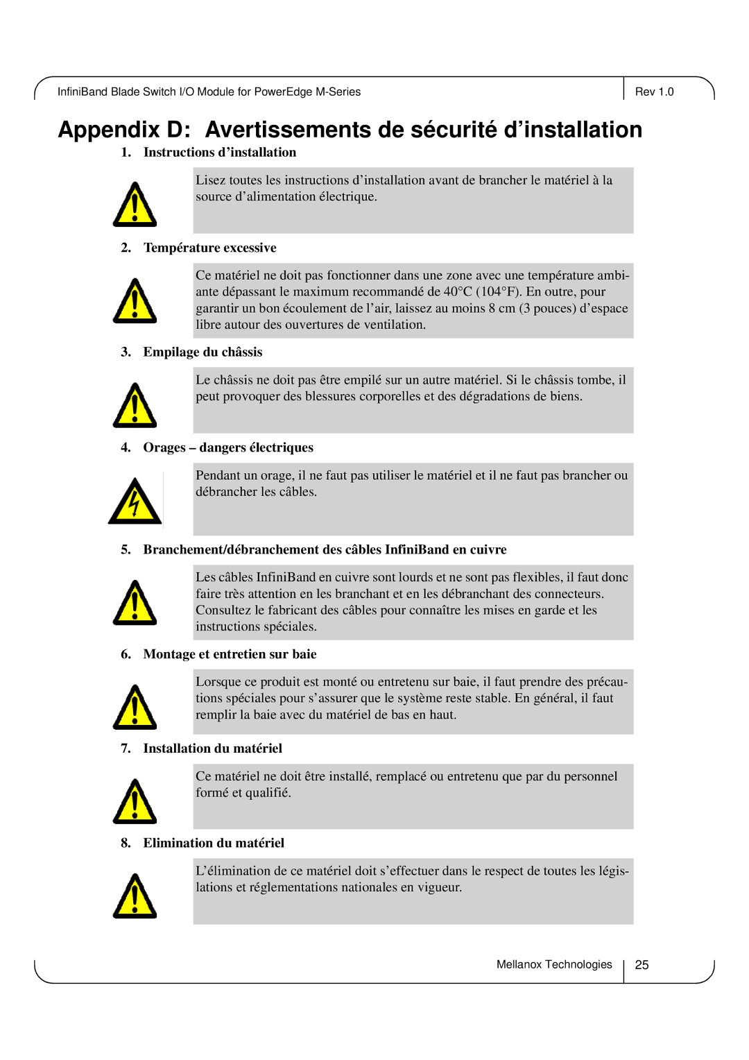 Dell M4001Q, M4001F user manual Appendix D Avertissements de sécurité d’installation 