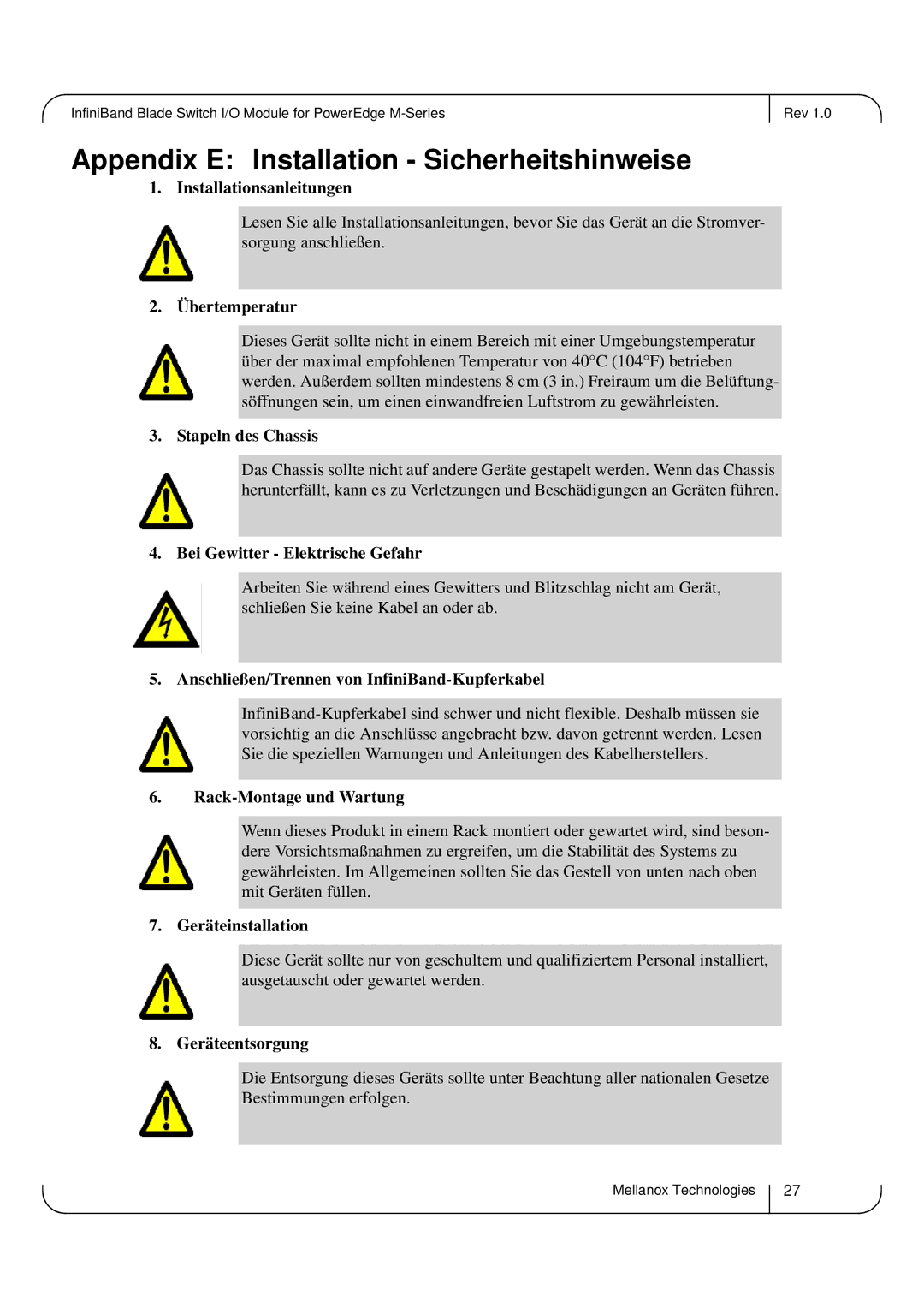 Dell M4001Q, M4001F user manual Appendix E Installation Sicherheitshinweise 