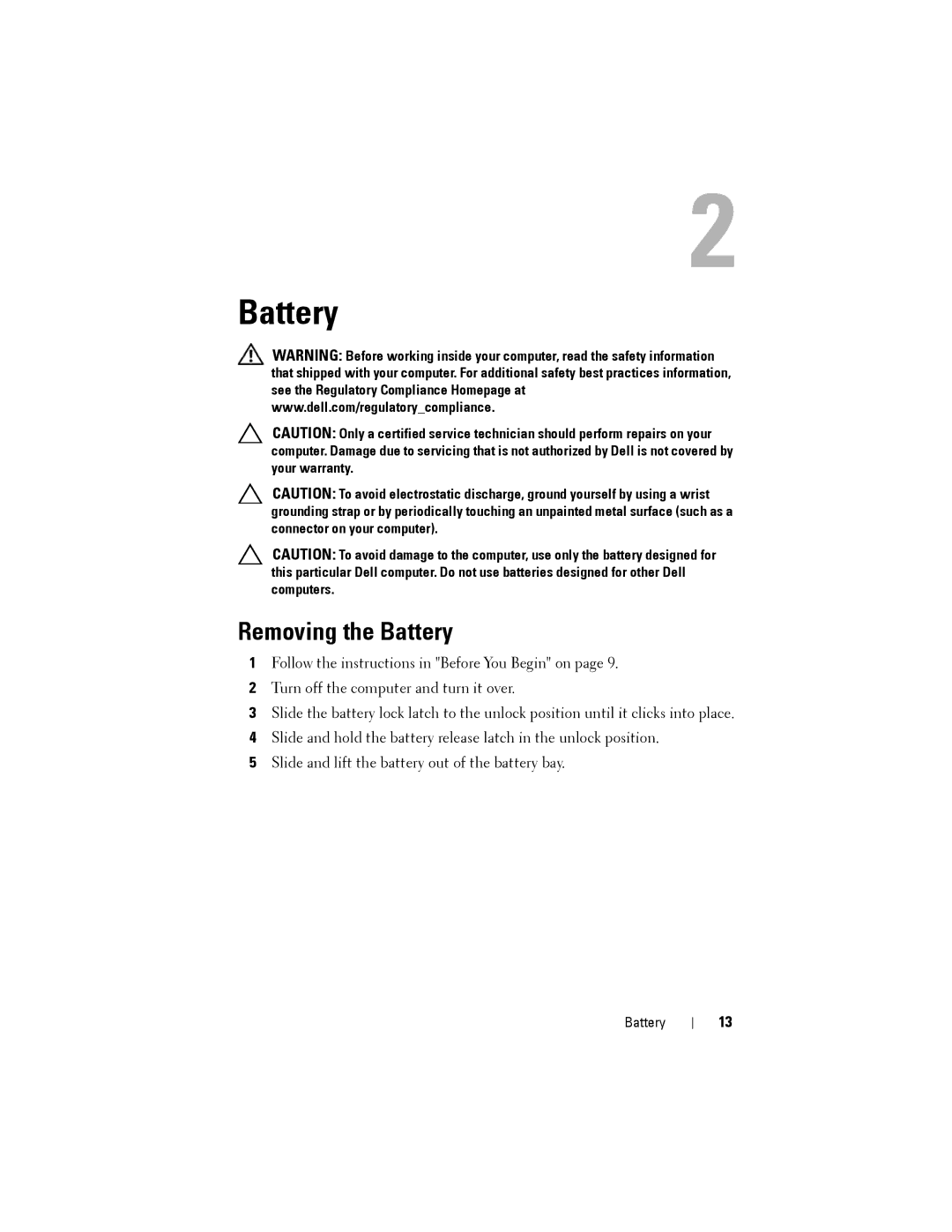 Dell M4040/14-N4050 owner manual Removing the Battery 