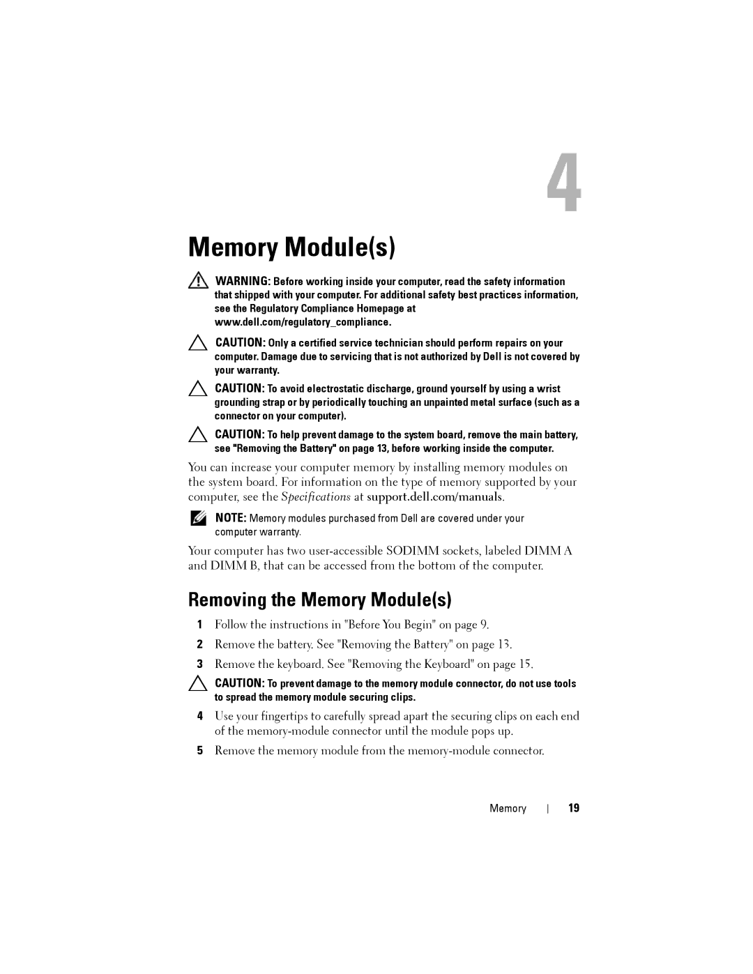 Dell M4040/14-N4050 owner manual Removing the Memory Modules 